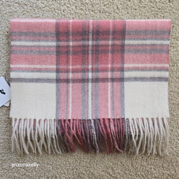 NWT 100% Wool Pink Plaid Fringe Scarf - Picture 1 of 8